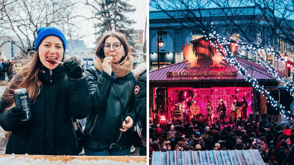 Femmes avec tire d'érable. Droite : Cabane à sucre.