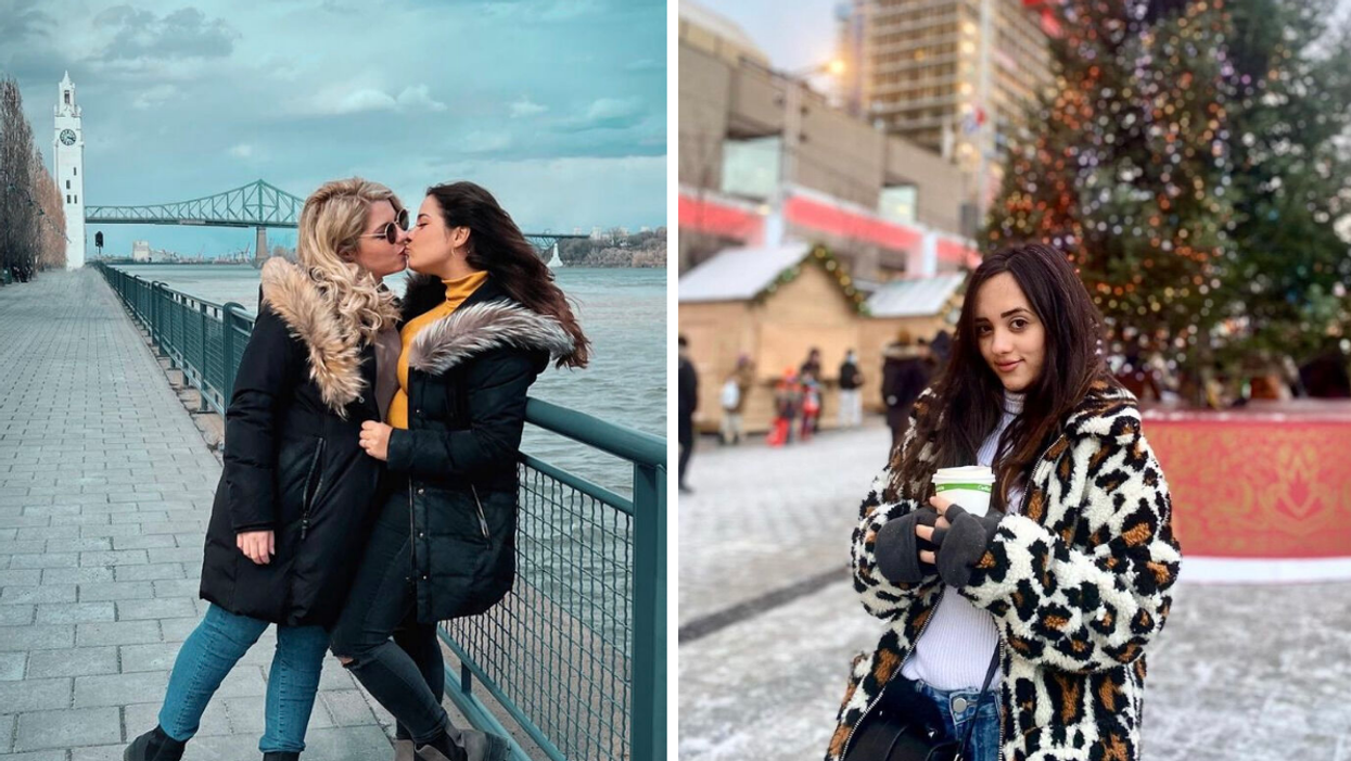 Femmes devant la Tour de l'Horloge. Droite : Femme au Marché de Noël.