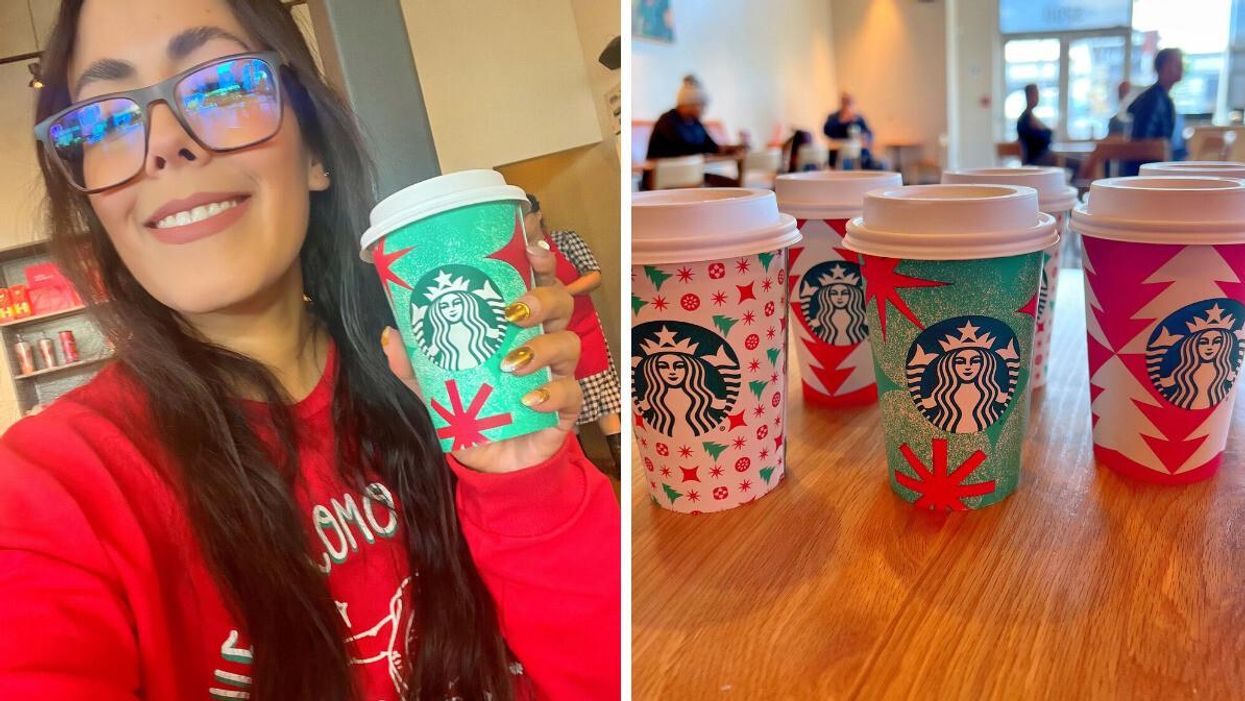 Fernanda holding a Starbucks holiday cup. Right: Holiday cups from a Starbucks location in El Paso, TX.
