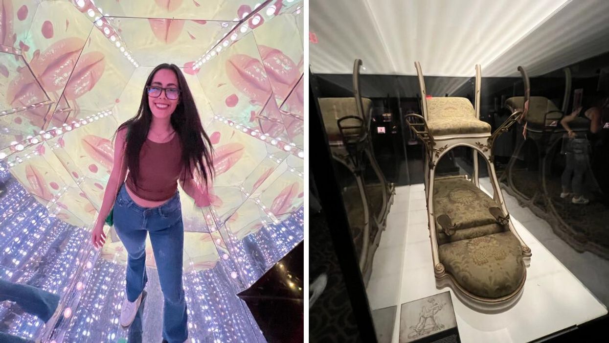 Fernanda Leon at the Museum of Sex in NYC, NY. Right: A chair on display at the Museum of Sex in NYC, NY.