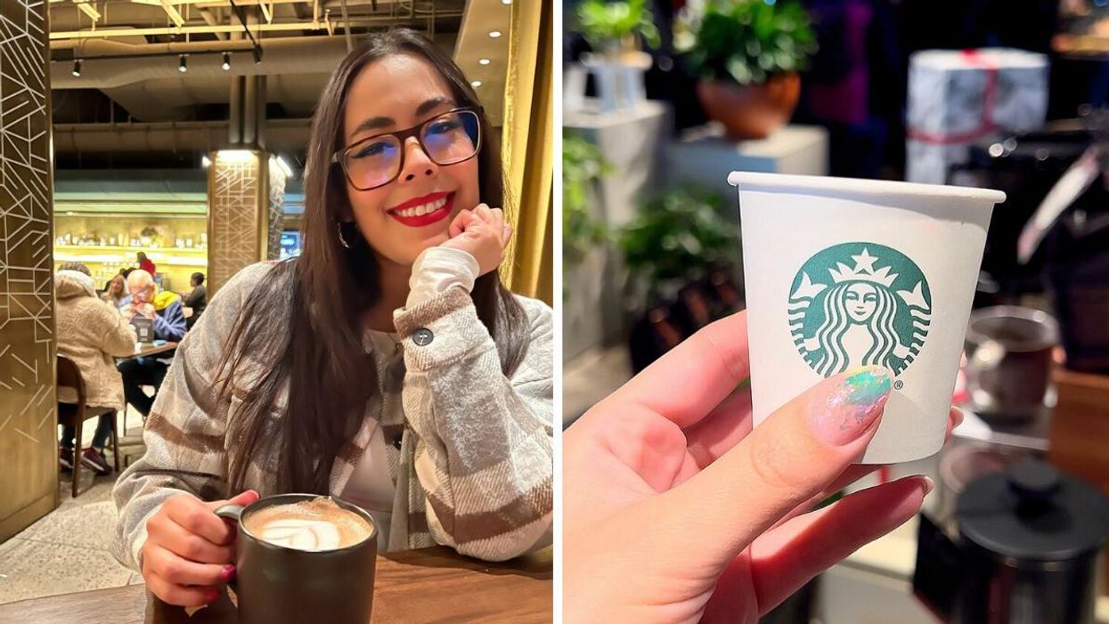 Fernanda Leon holding a coffee mug at Starbucks Reserve Empire State Building in NYC, NY. Right: A tiny Starbucks cup.