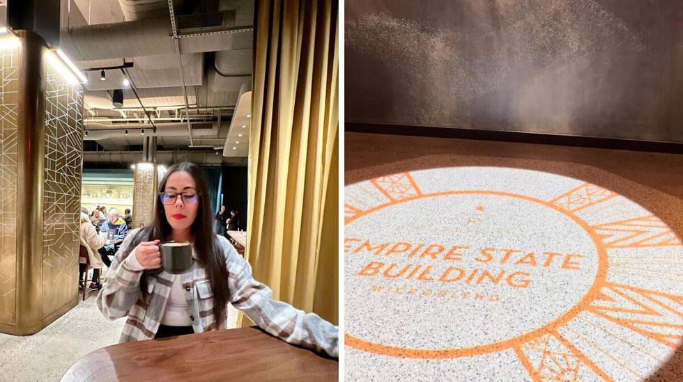 Fernanda Leon holding a cup of coffee at the Starbucks Reserve Empire State Building. Right: The Starbucks Reserve Empire State Building location.