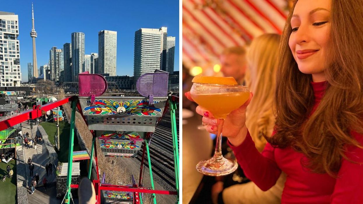 Ferris wheel with CN Tower views. Right: Madeline with a cocktail.