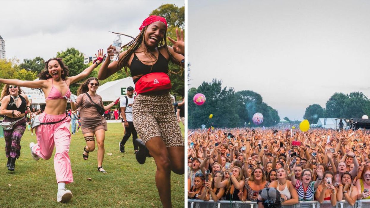 Festival goers running in a field. Right: A crowd at Music Midtown Festival.