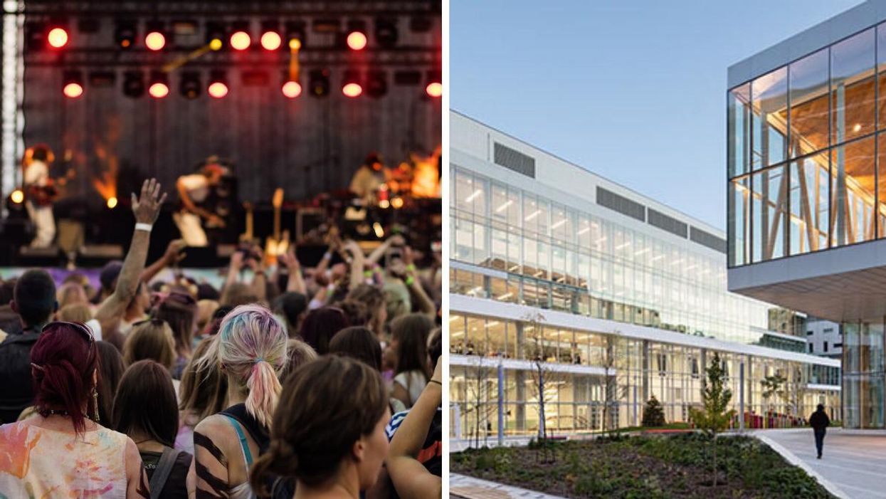 Festivaliers devant une scène. Droite : Campus universitaire à Montréal.
