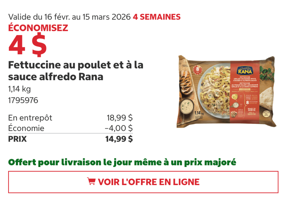 Fettuccine au poulet et \u00e0 la sauce alfredo Rana 1,14 kg sur le site de Costco