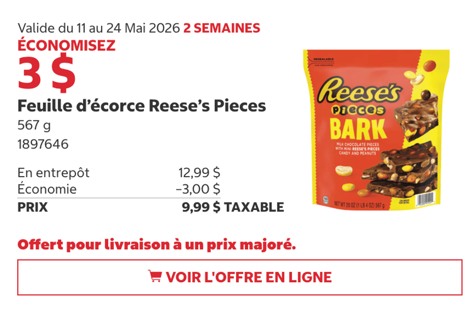 Feuille d\u2019\u00e9corce Reese\u2019s Pieces (567 g) au Costco.