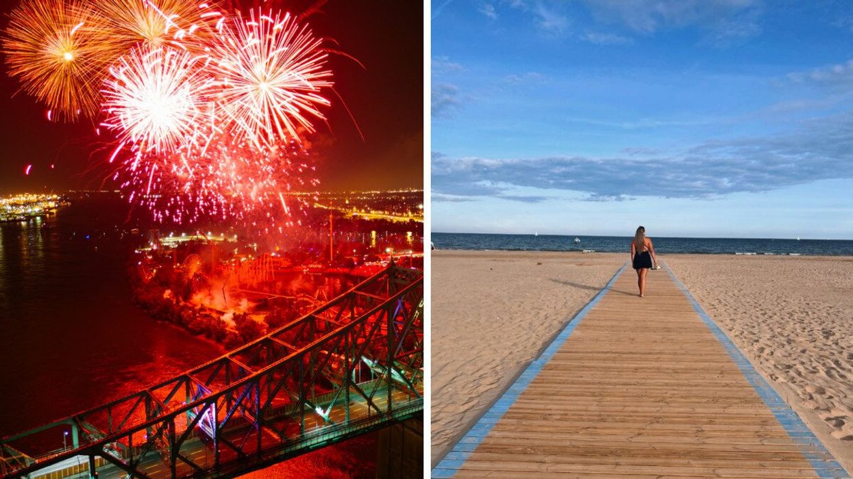 Feux d'artifice. Droite : Une femme sur la plage.