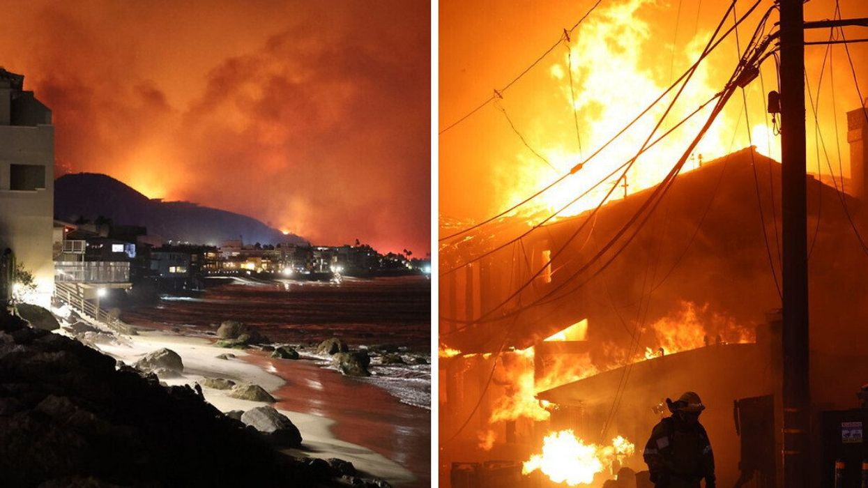 Feux de forêt majeurs à Los Angeles en janvier 2025. Droite : Un pompier devant les flammes à Palisades, LA.