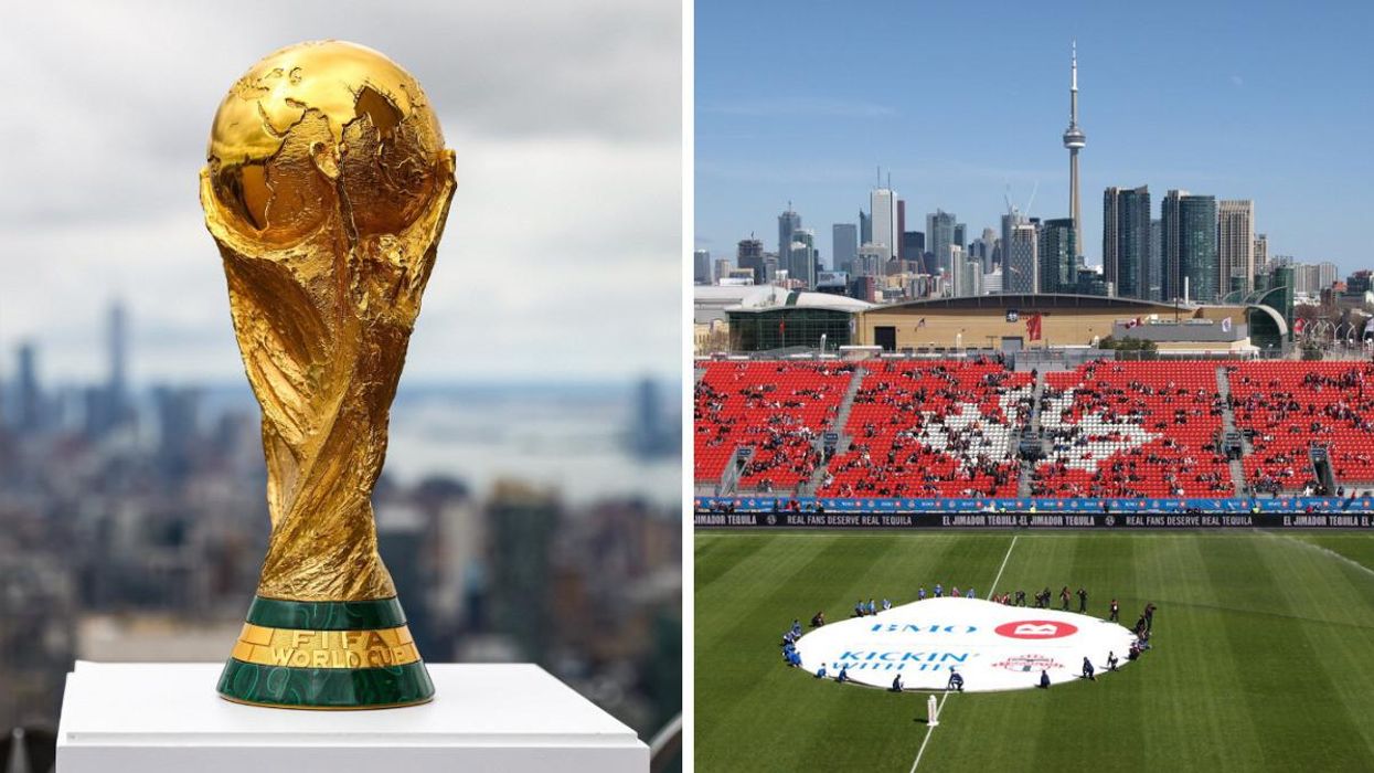 FIFA World Cup trophy. Right: BMO Field overlooking the CN Tower.