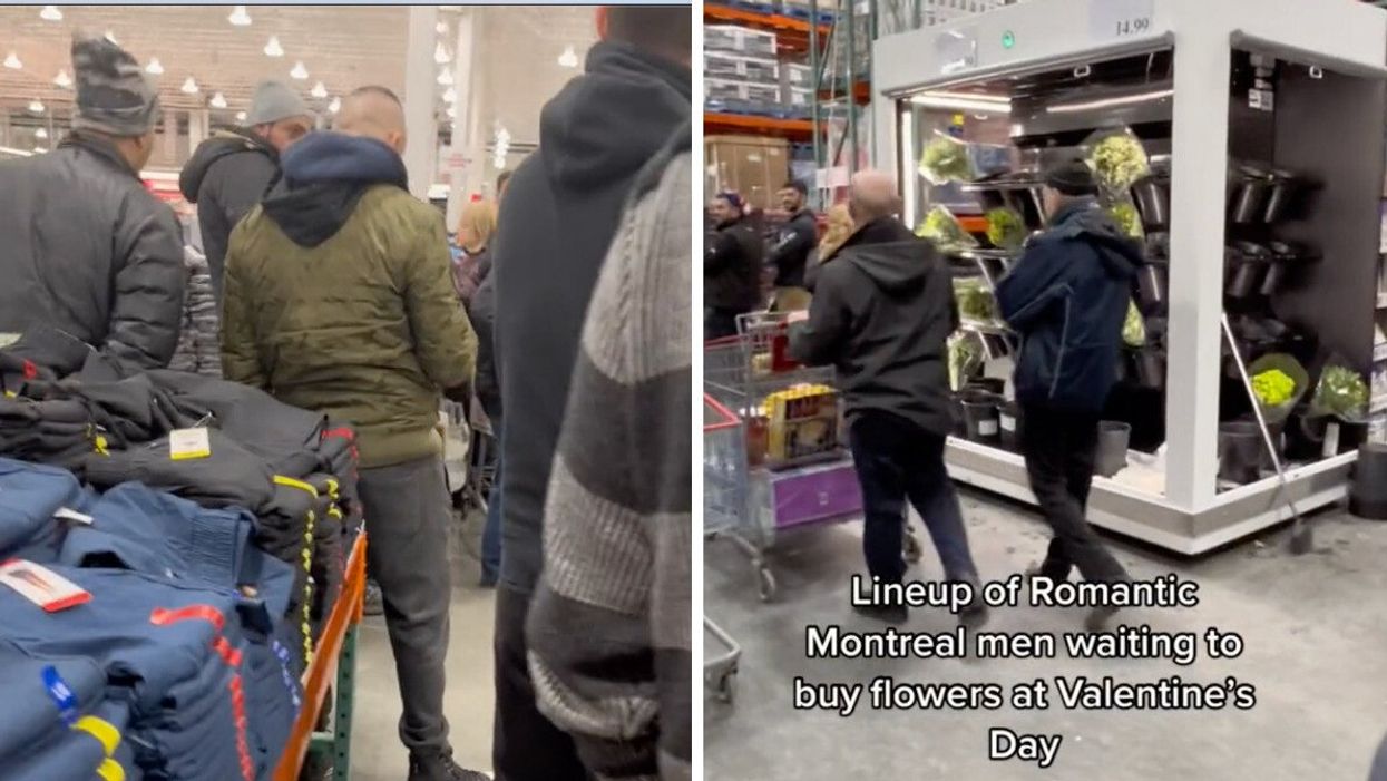 File dans un Costco. Droite : Kiosque à fleurs du Costco.