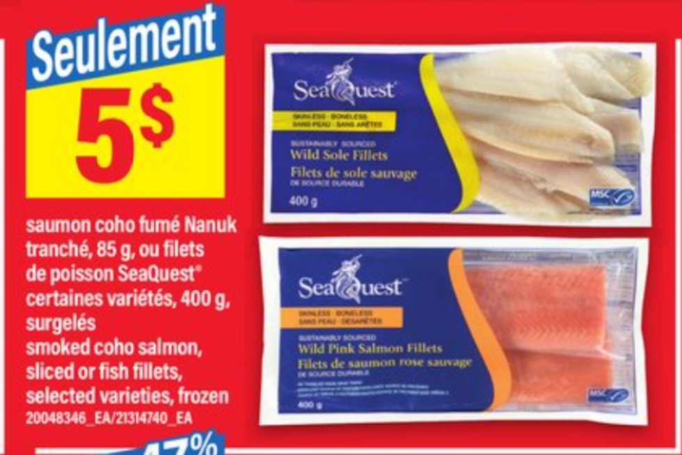 Filets de saumon rose SeaQuest en rabais dans la circulaire du Maxi.