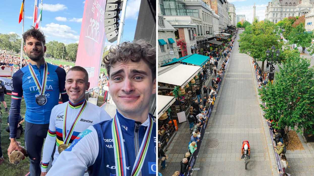 Filippo Ganna et ses comparses. Droite : vue sur la place Jacques-Cartier, dans le Vieux-Montréal.
