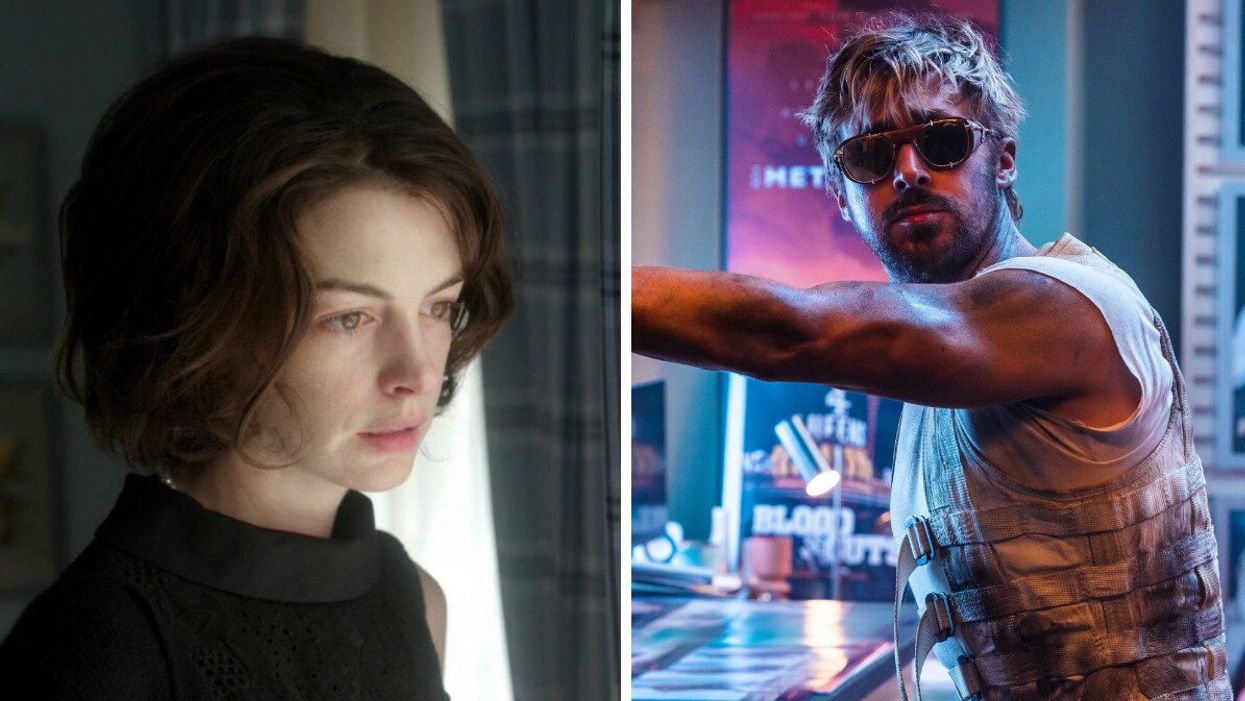 Film stills of Anne Hathaway and Ryan Gosling.