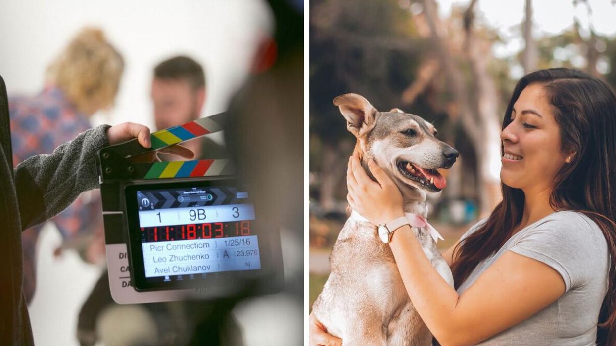 Filming on a set. RIght: A woman plays with a dog. 