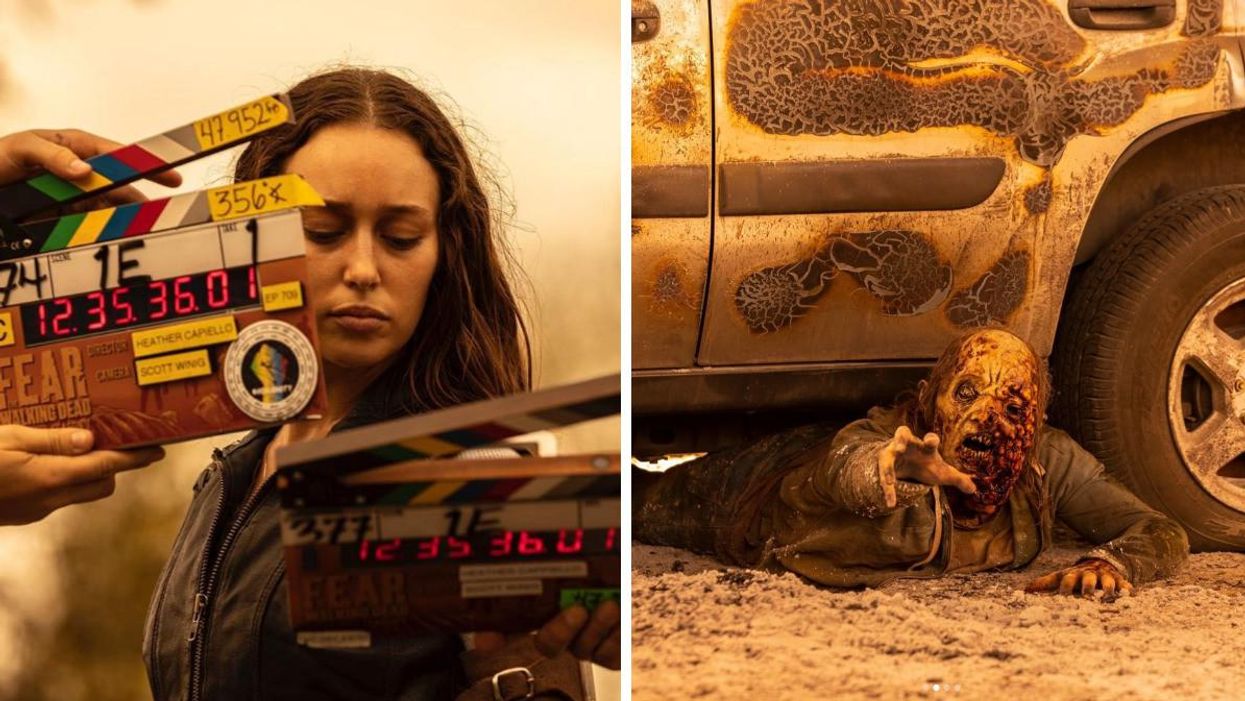 Filming on set of 'Fear The Walking Dead'. Right: A Zombie trapped under a car on 'Fear The Walking Dead.'