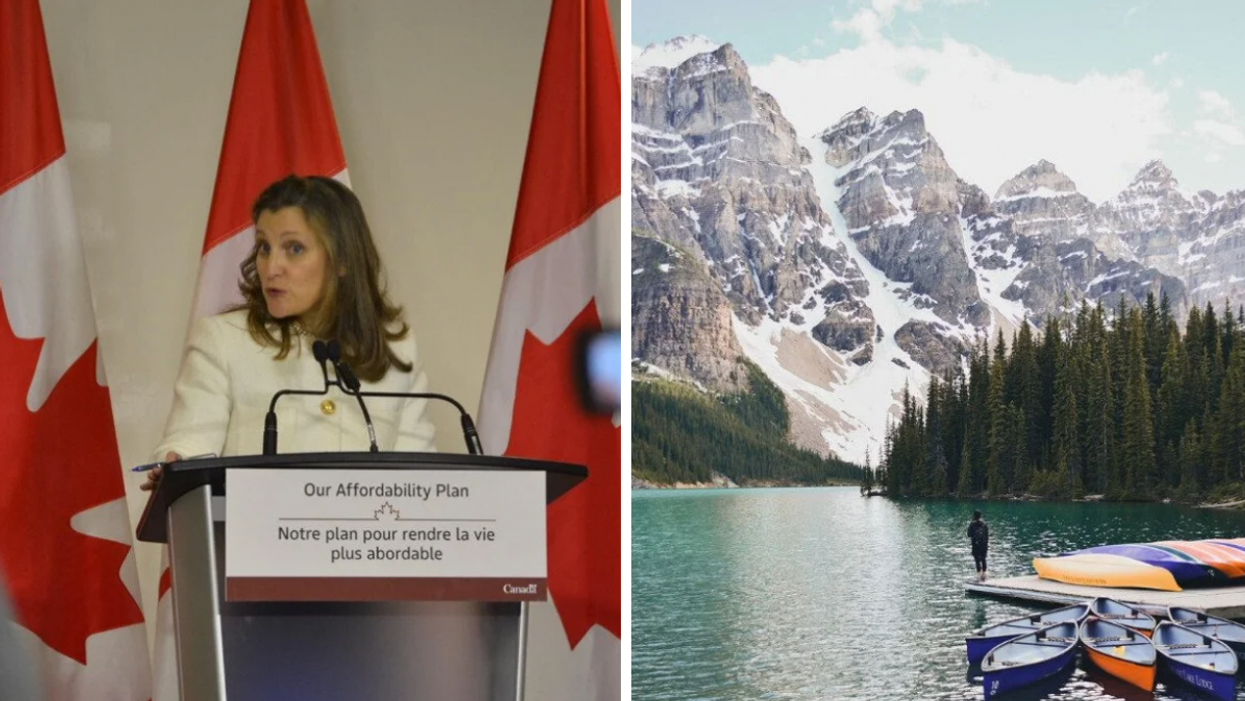 Finance Minister Chrystia Freeland shares the government's Affordability Plan. Right: Moraine Lake in Alberta.