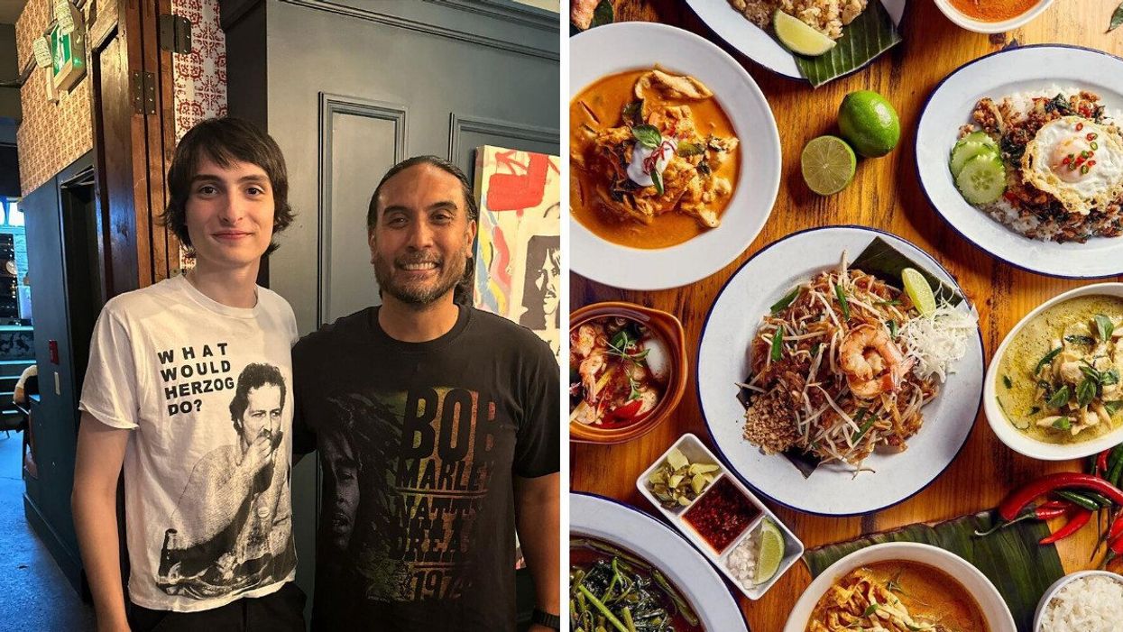 Finn Wolfhard with PAI co-owner Jeff Regular. Right: A spread of food from PAI.
