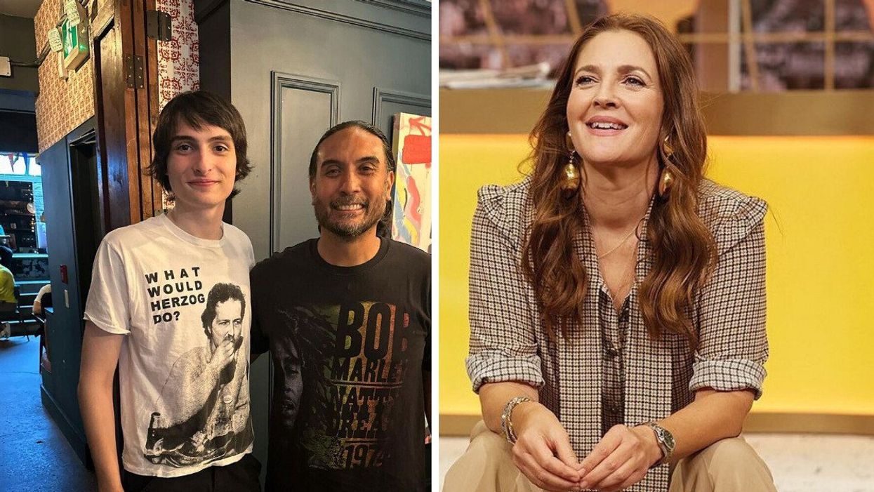 Finn Wolfhard with PAI co-owner Jeff Regular. Right: Drew Barrymore sitting on the set of her show The Drew Barrymore Show.