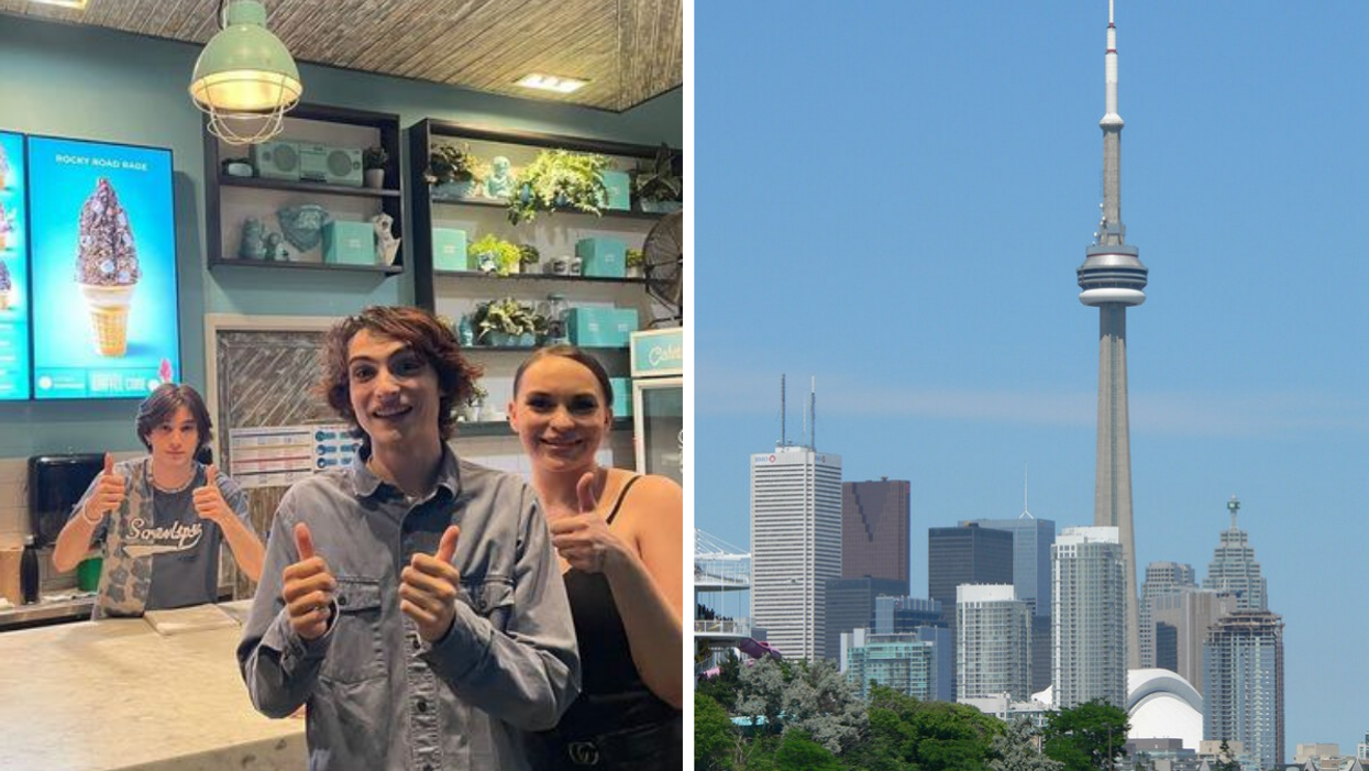 Finn Wolfhard with Sweet Jesus staff. Right: CN Tower.