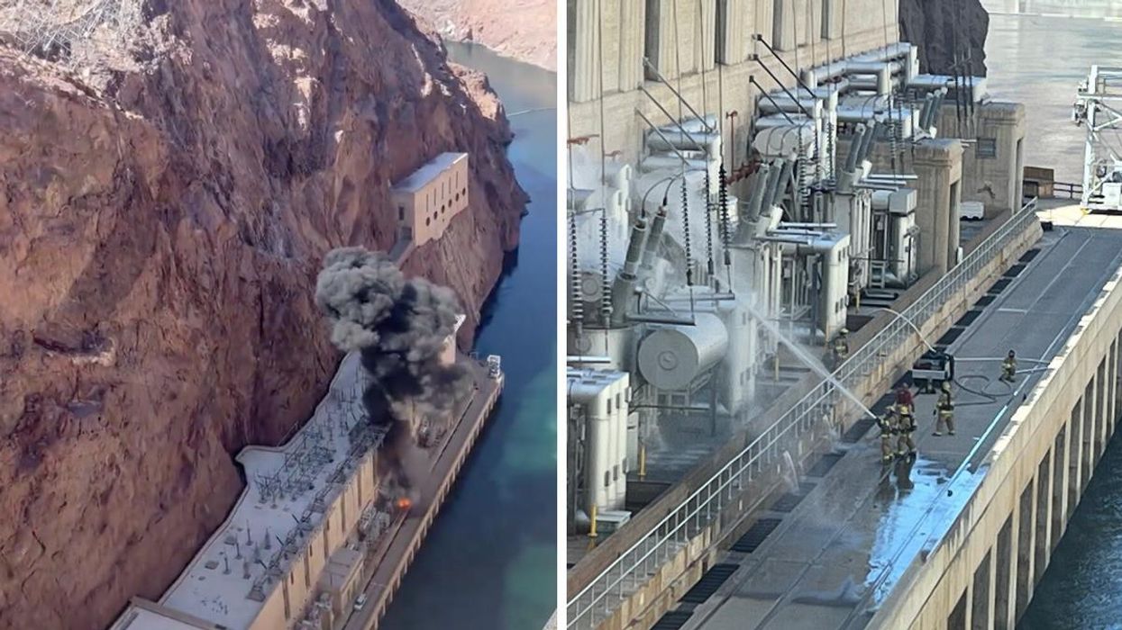 Fire at the Hoover Dam in Nevada. Right: Firefighters extinguish the fire.