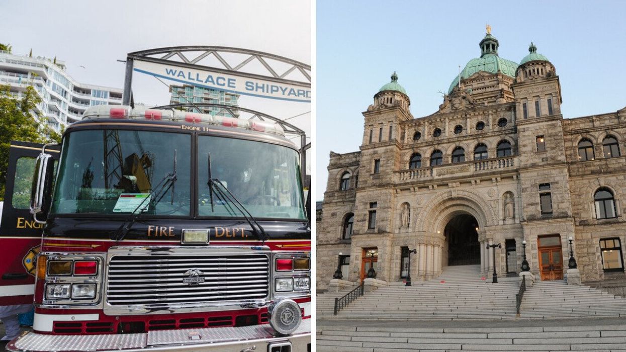 Fire truck in North Vancouver. Right: B.C. Parliament Building.