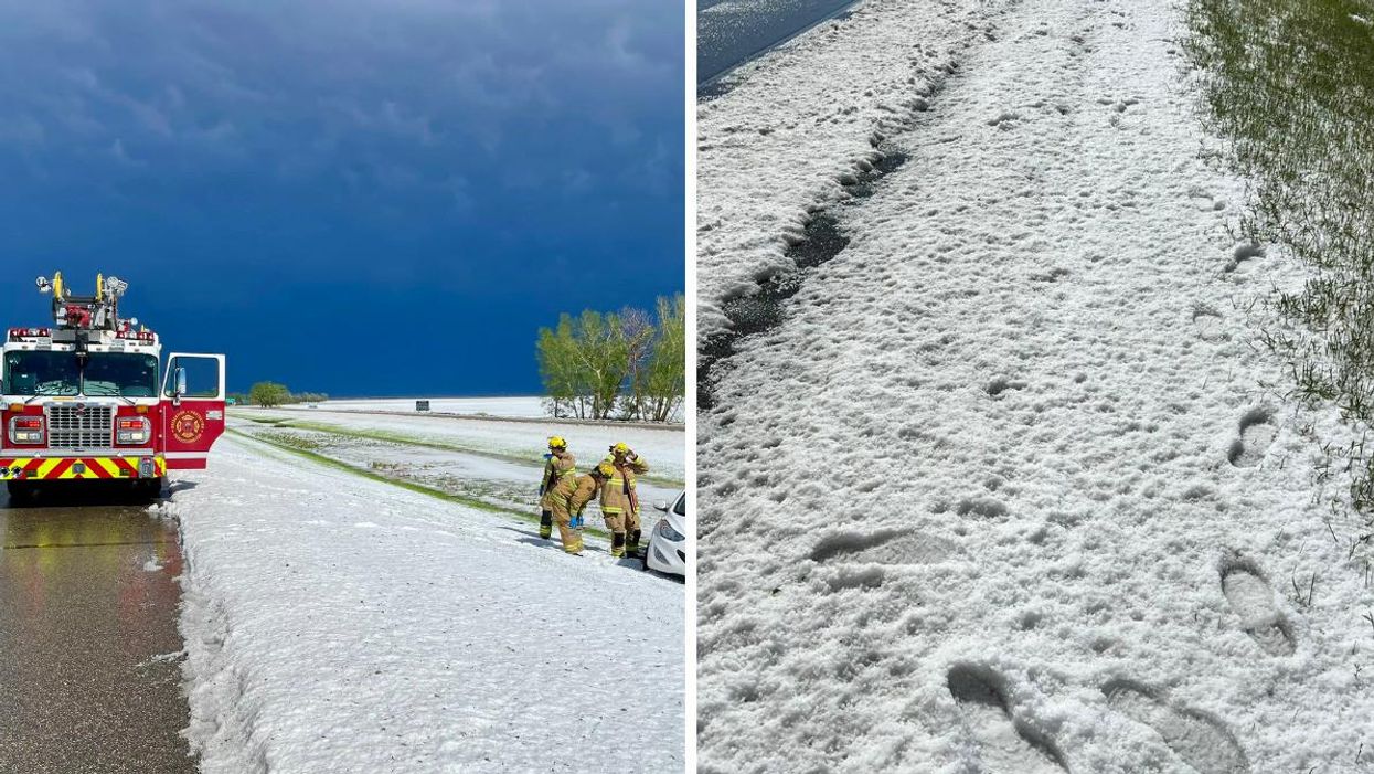 Firefighters at a car in a ditch after a hail storm near Regina on June 9. Right: Hail on the ground that looks like snow.
