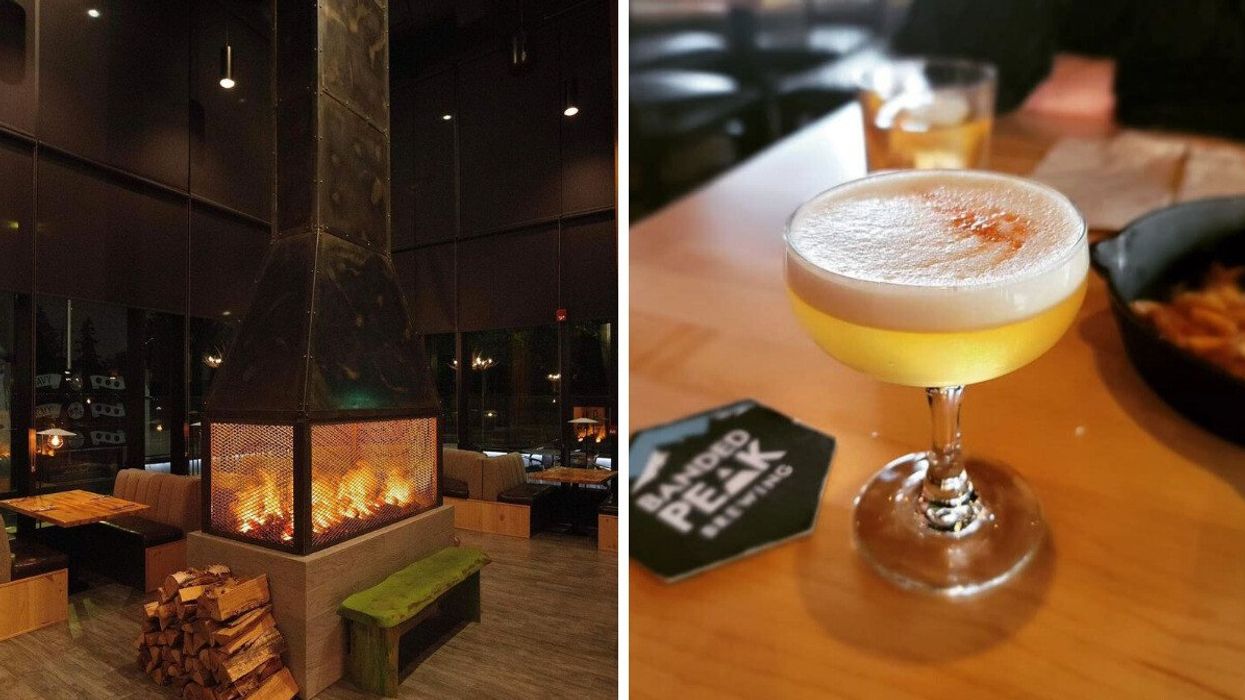 Fireplace at The Lodge, Calgary. Right: Whisky sour at The Lodge