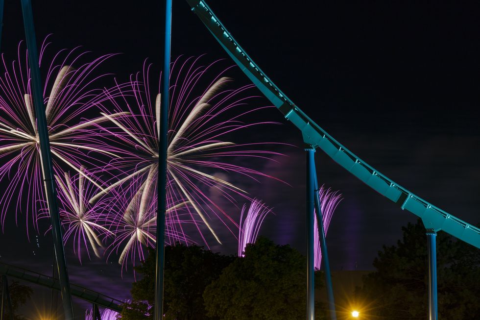 Fireworks at Canada's Wonderland seen behind a roller coaster.