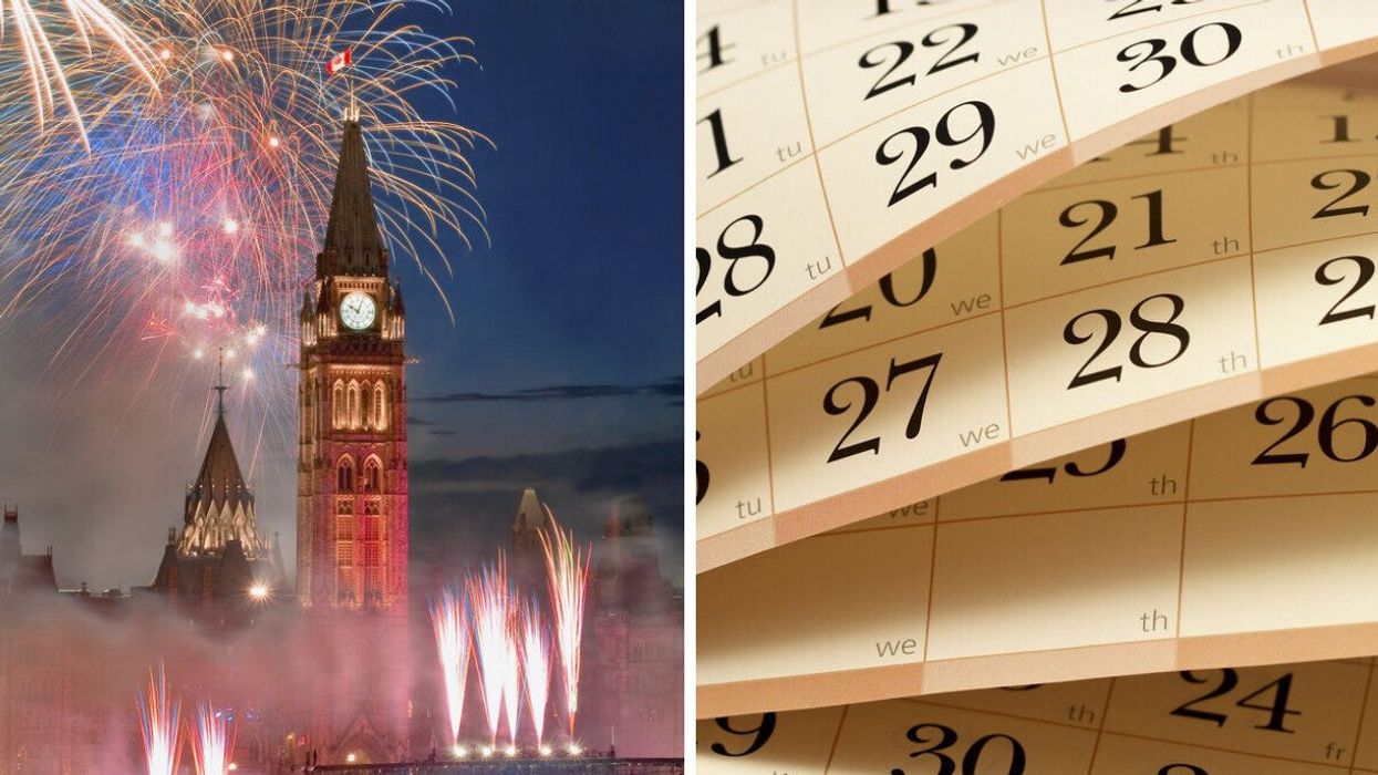 Fireworks at Parliament Hill. Right: A calendar.