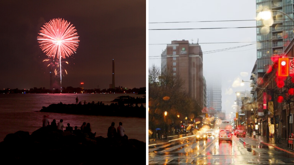 Fireworks in Toronto. Right: A rainy street.