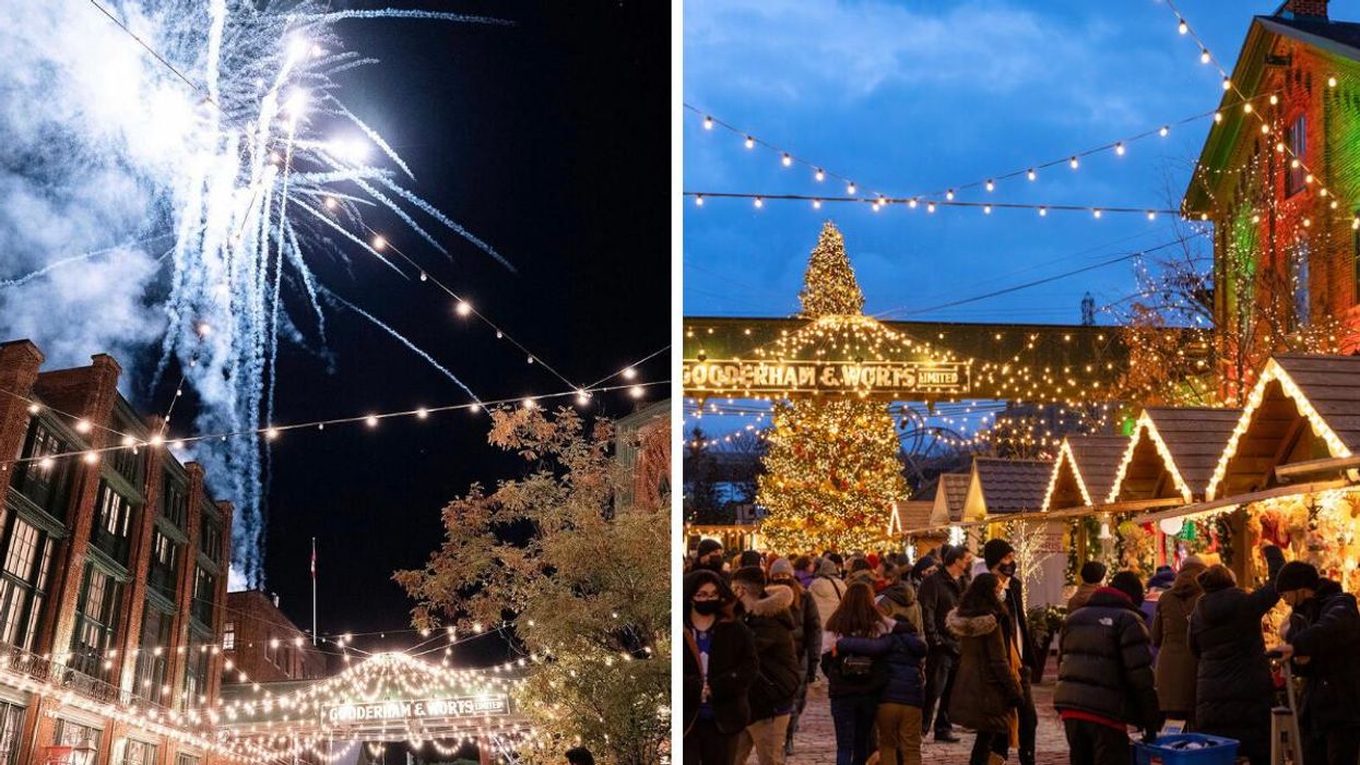 Fireworks of the Distillery District. Right: The Distillery Winter Village.