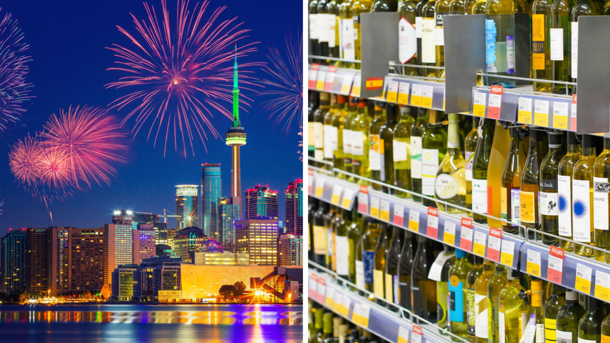 Fireworks over the Toronto skyline. Right: Rows of wine.