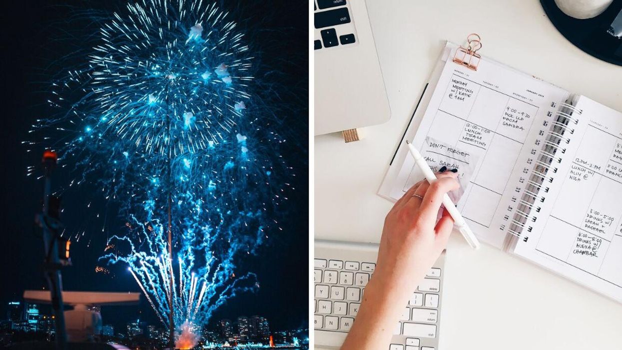 Fireworks. Right: A person writes in a planner.