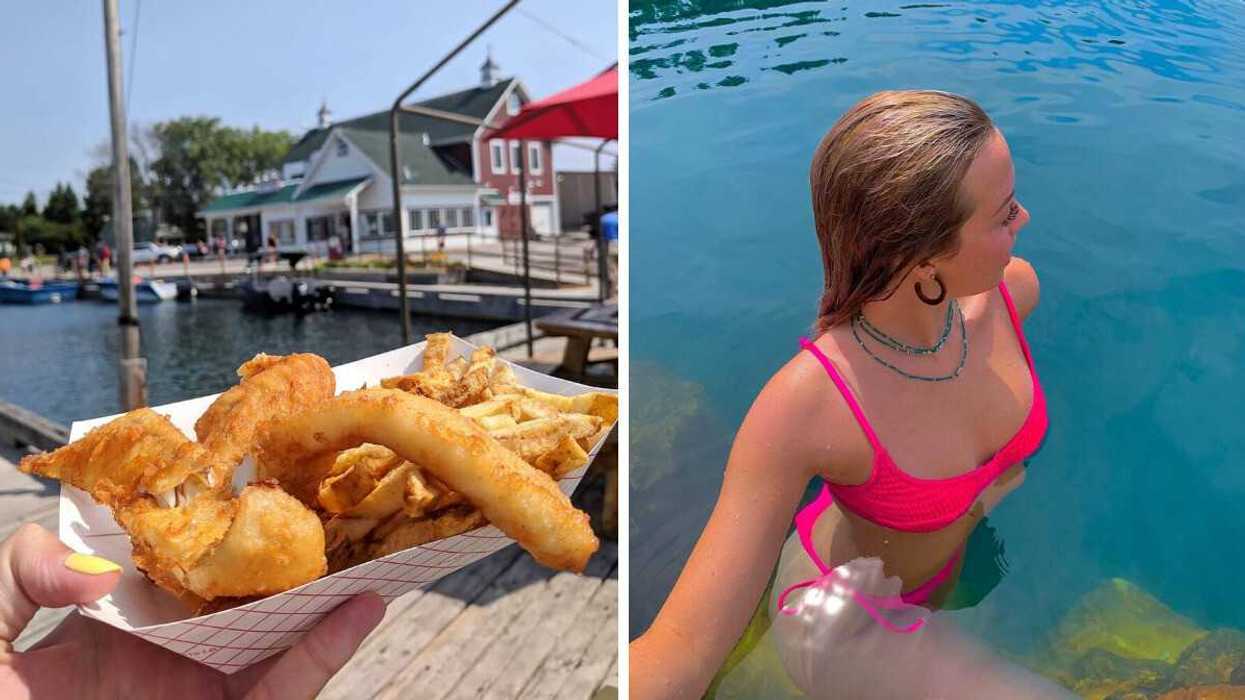 Fish and chips outside a restaurant. Right: A person in a lake.