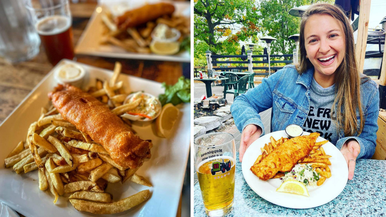 Fish n' chips from Ashton Brew Pub. Right: Fish n' Chips on the Cheshire Cat Pub patio.