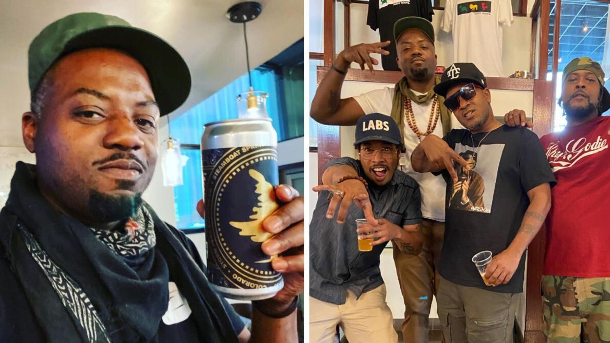 Fish Scales holding a can of beer. Right: Nappy Roots group members.