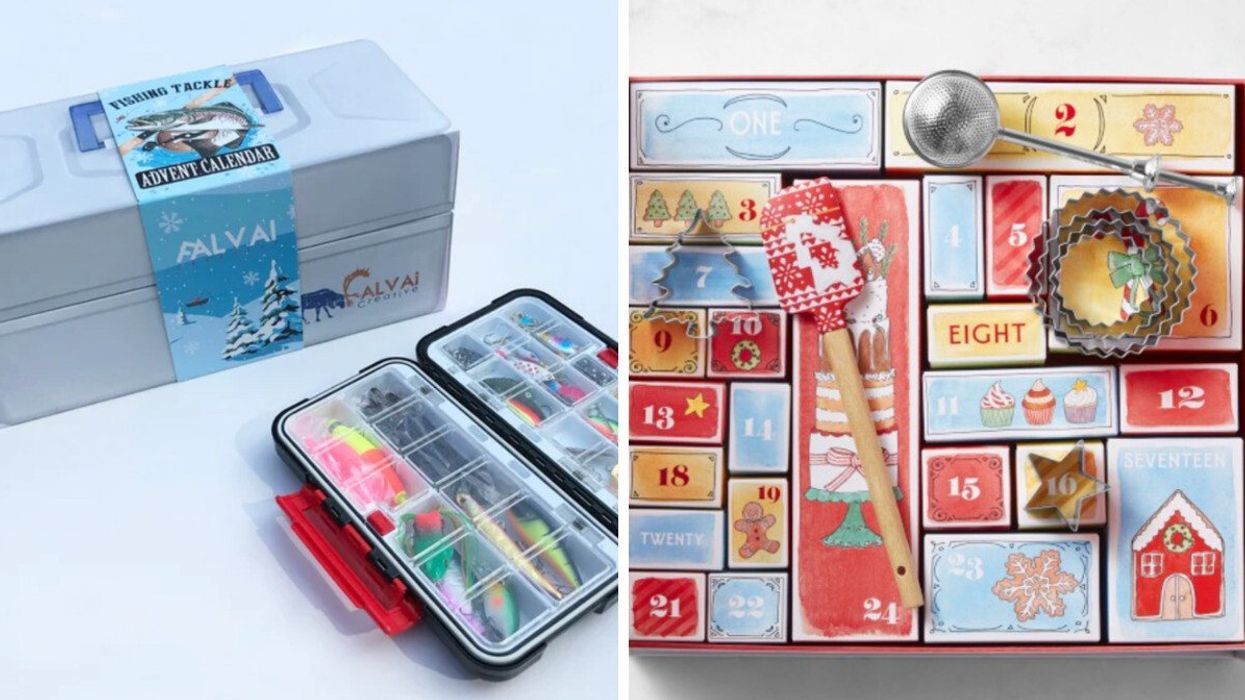 Fishing Tackle Advent Calendar. Right: Williams Sonoma 24 Days of Baking Cookies Advent Calendar.