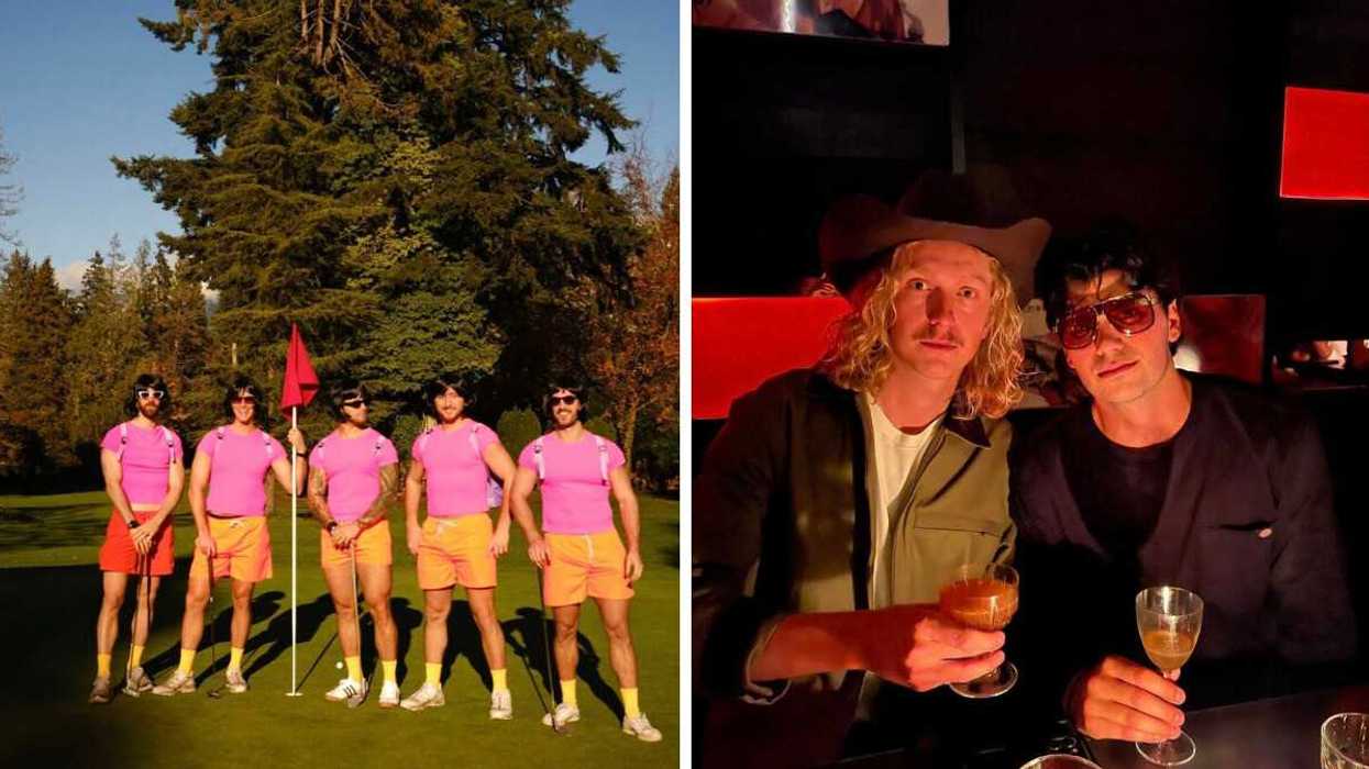 Five people dressed as Dora the Explorer on a golf course. Right: Two men hold drinks at a bar.