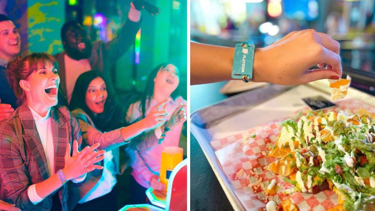 Five people playing a game at a Cineplex Playdium. Right: A person taking a chip from a nacho plate with a Playdium wristband.