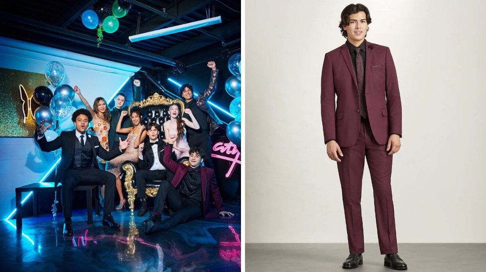Five young men and three young women model their prom looks surrounded by balloons and neon lights. Right: A young man wearing a burgundy suit with black shirt.