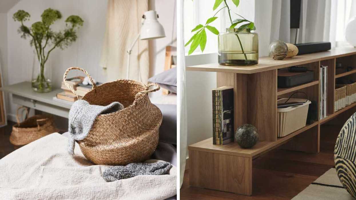 FLÅDIS basket positioned on a cozy bed. Right: HOLMERUD side table, fully decorated with interior items.