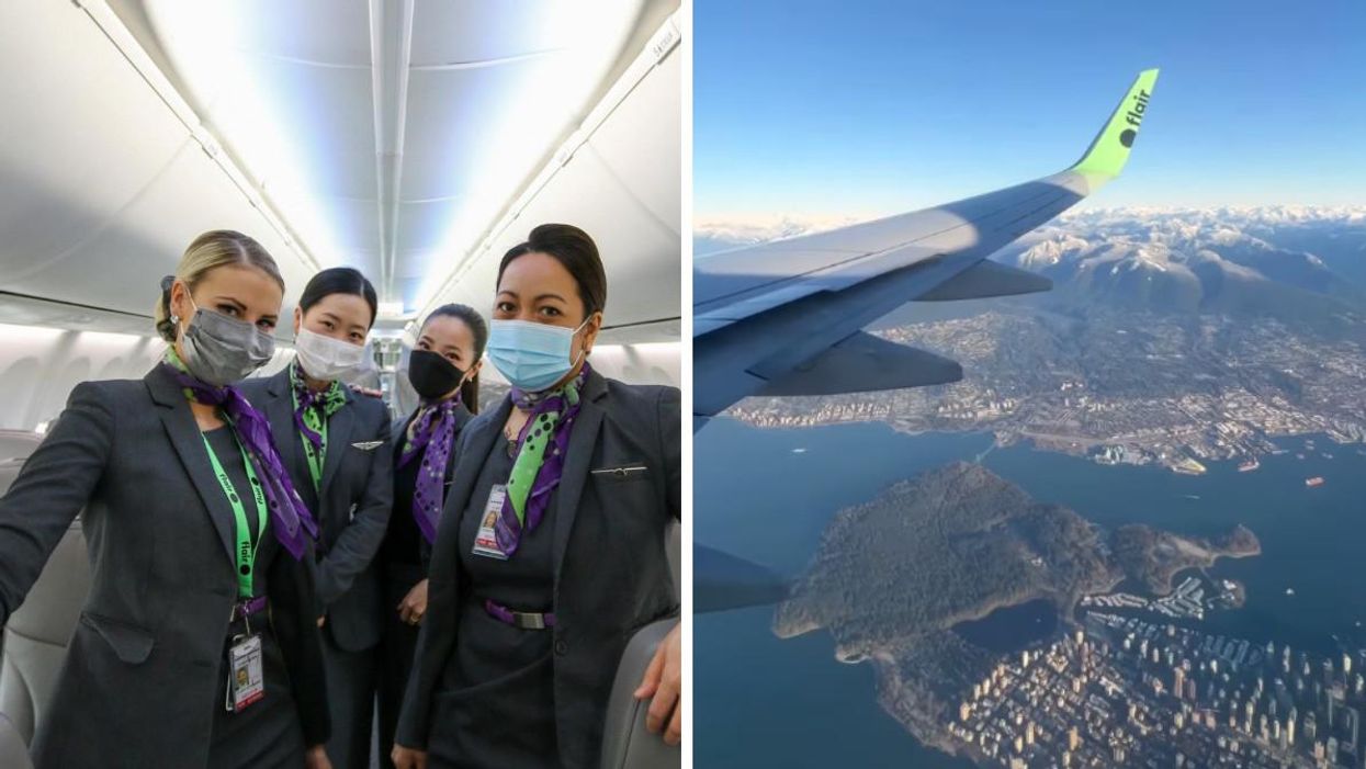 Flair Airline employees on a flight. Right: View of an airplane wing from the air.
