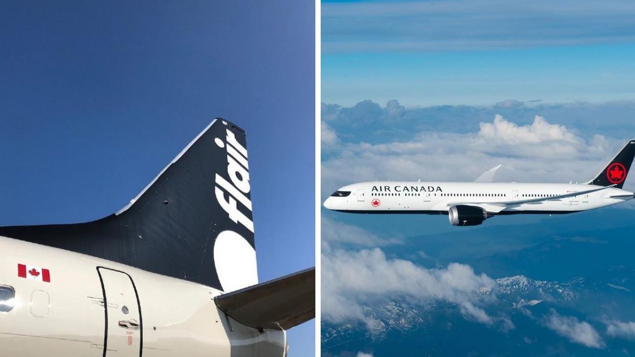 Flair Airlines airplane. Right: Air Canada airplane.