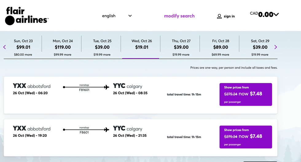 Flair Airlines flight prices.