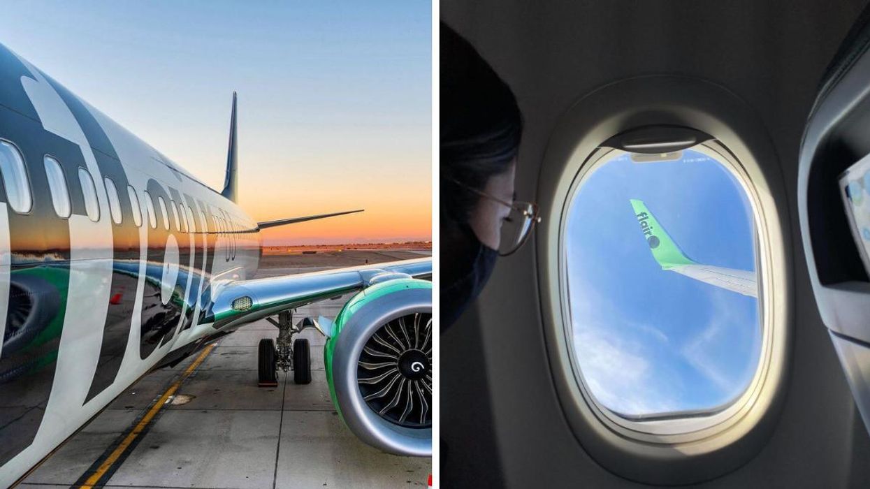 Flair Airlines plane on a runway. Right: Person looking out the window on a Flair plane during a flight.