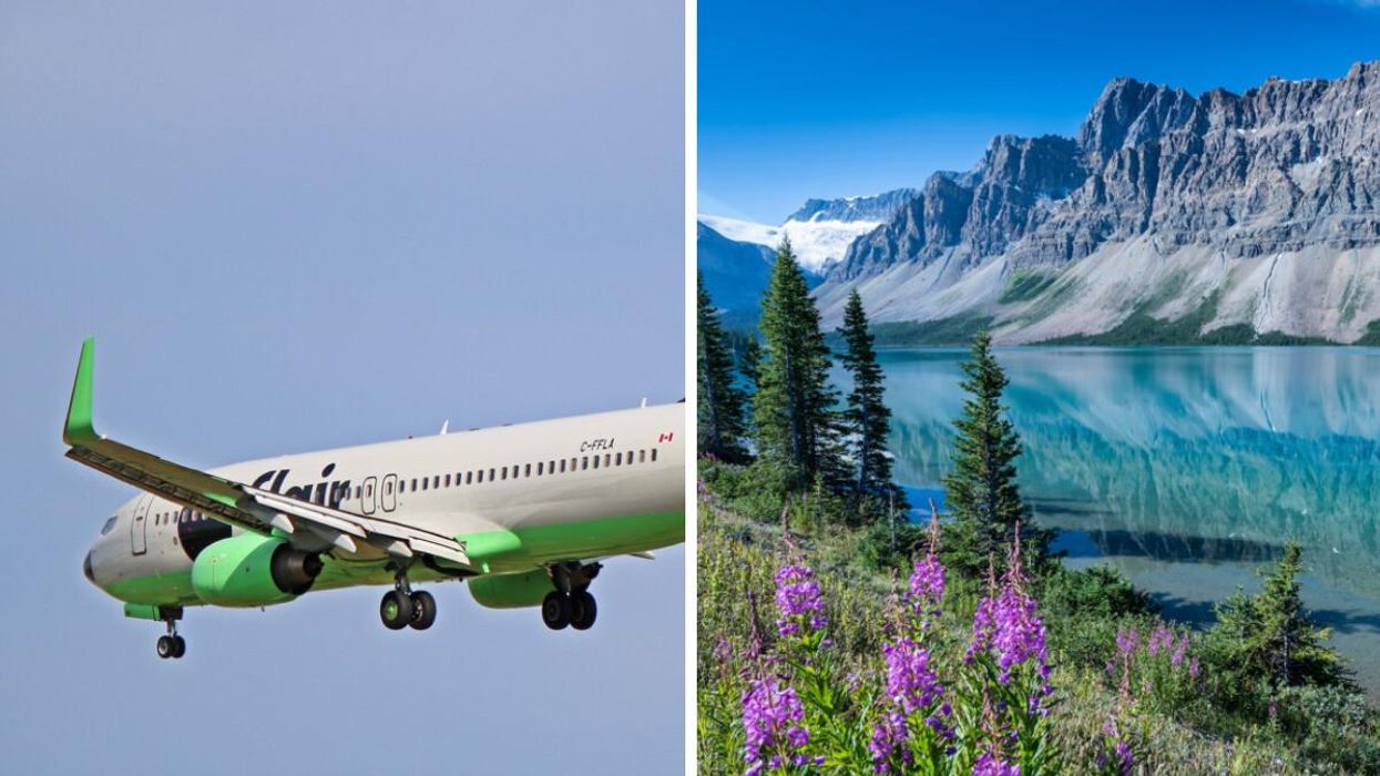 Flair Airlines plane. Right: Alberta mountain.