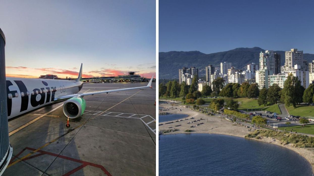 Flair Airlines plane. Right: Vancouver, B.C.