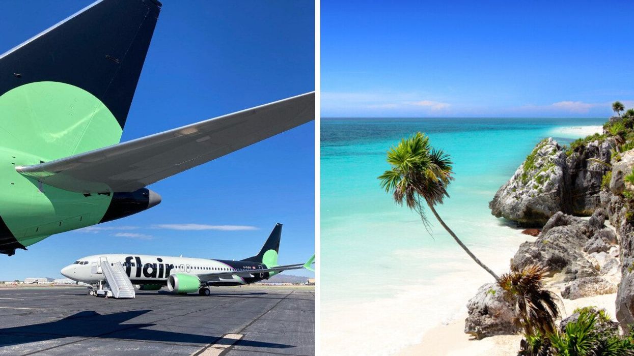 Flair Airlines' planes. Right: A beach near Cancun, Mexico.
