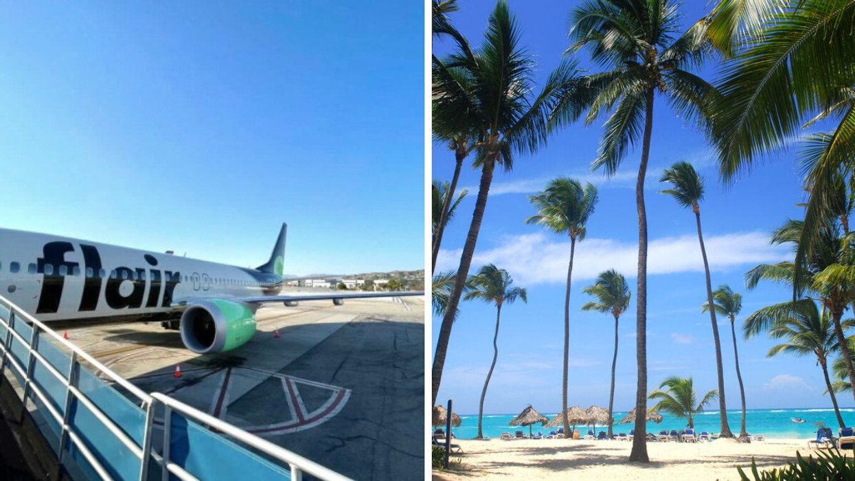 Flair Airlines' planes. Right: Beach in the Dominican Republic.